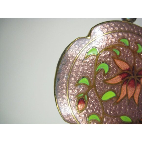 Vintage Lotus Floral Enamel Pendant Necklace 28 inch Goldtone Braided Cord - Picture 9 of 13